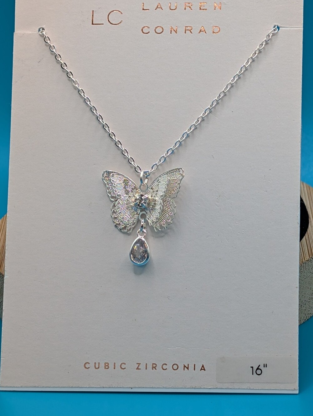 LC Lauren Conrad Silver Butterfly Necklace with Clear Teardrop Stone